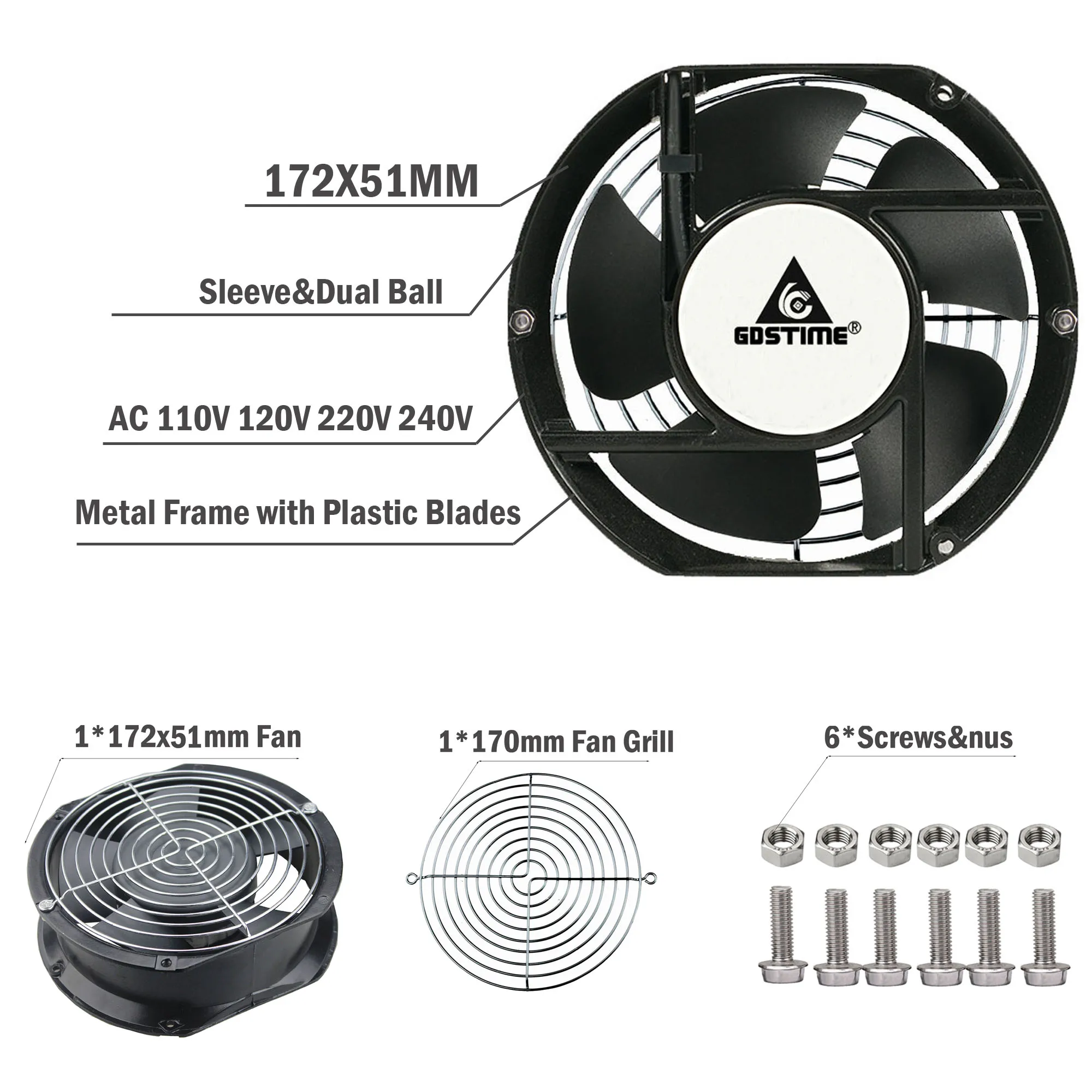 Gdstime 17251 17225 172mm * 51mm Axial Fan DC 12V 24V 48V AC 220V 240V Ball Bearing Industry Cooling Cooler 172*25mm | Компьютеры и