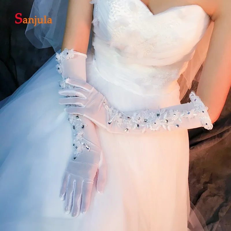Opera Length Full Finger Bridal Gloves Appliques Beaded Elegant Wedding Accessories Tulle Women Formal Occasion Glove G02 | Свадьбы и