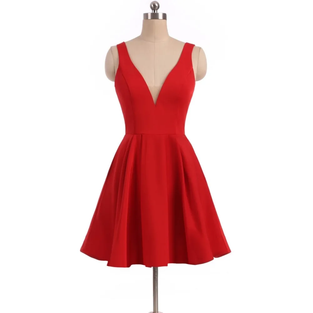 

Красные Короткие платья для выпускного вечера, с V-образным вырезом, открытой спиной, с карманами, реальное изображение, с открытой спиной, ч...