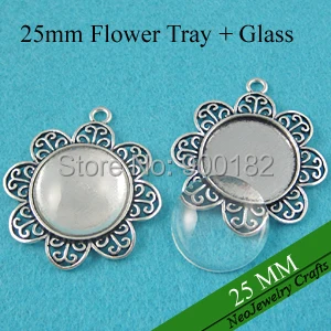 

25mm Antique Silver Filigree Flower Pendant Tray, 25mm Cabochon Setting + Clear Glass Cabochons (200 Trays + 200 Glass)
