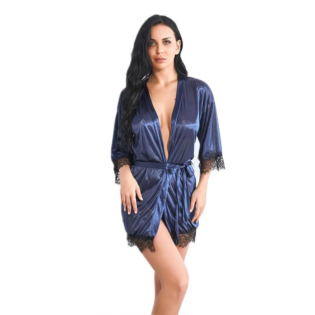 Женская сексуальная неглиже с поясом средней длины рукава кружева лоскутное