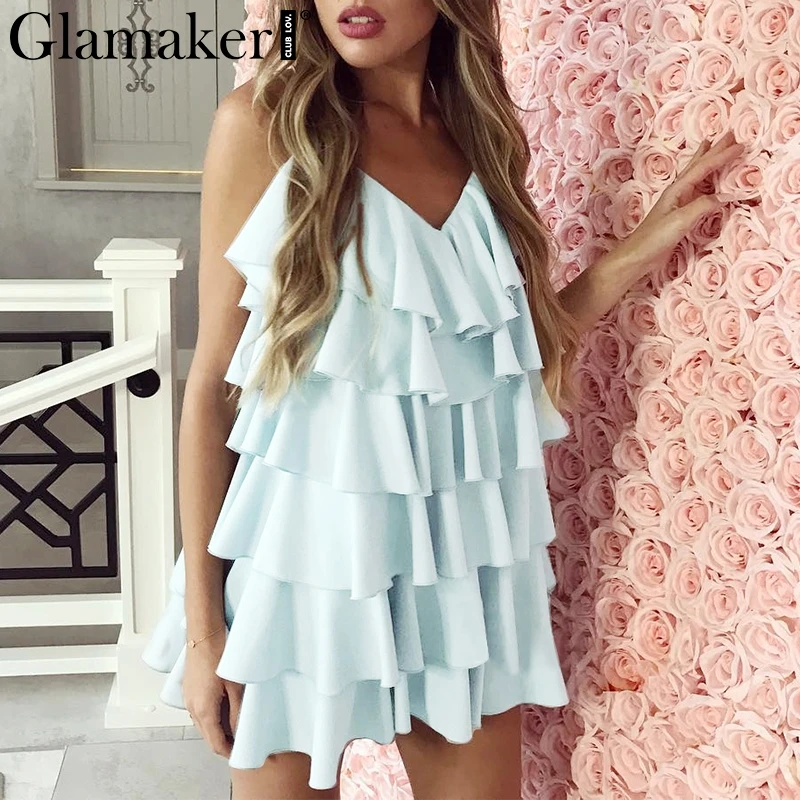 Glamaker, шифоновый, с открытой спиной, с рюшами, синий, сексуальный, Мини Сарафан, для женщин, для отдыха, Пляжное Платье, женское, повседневное, для вечеринки, летнее, Клубное платье, vestido