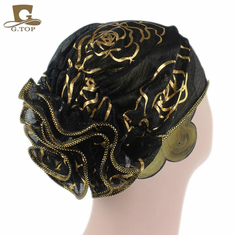 Черный кружевной тюрбан с цветком для женщин головной убор мусульманская