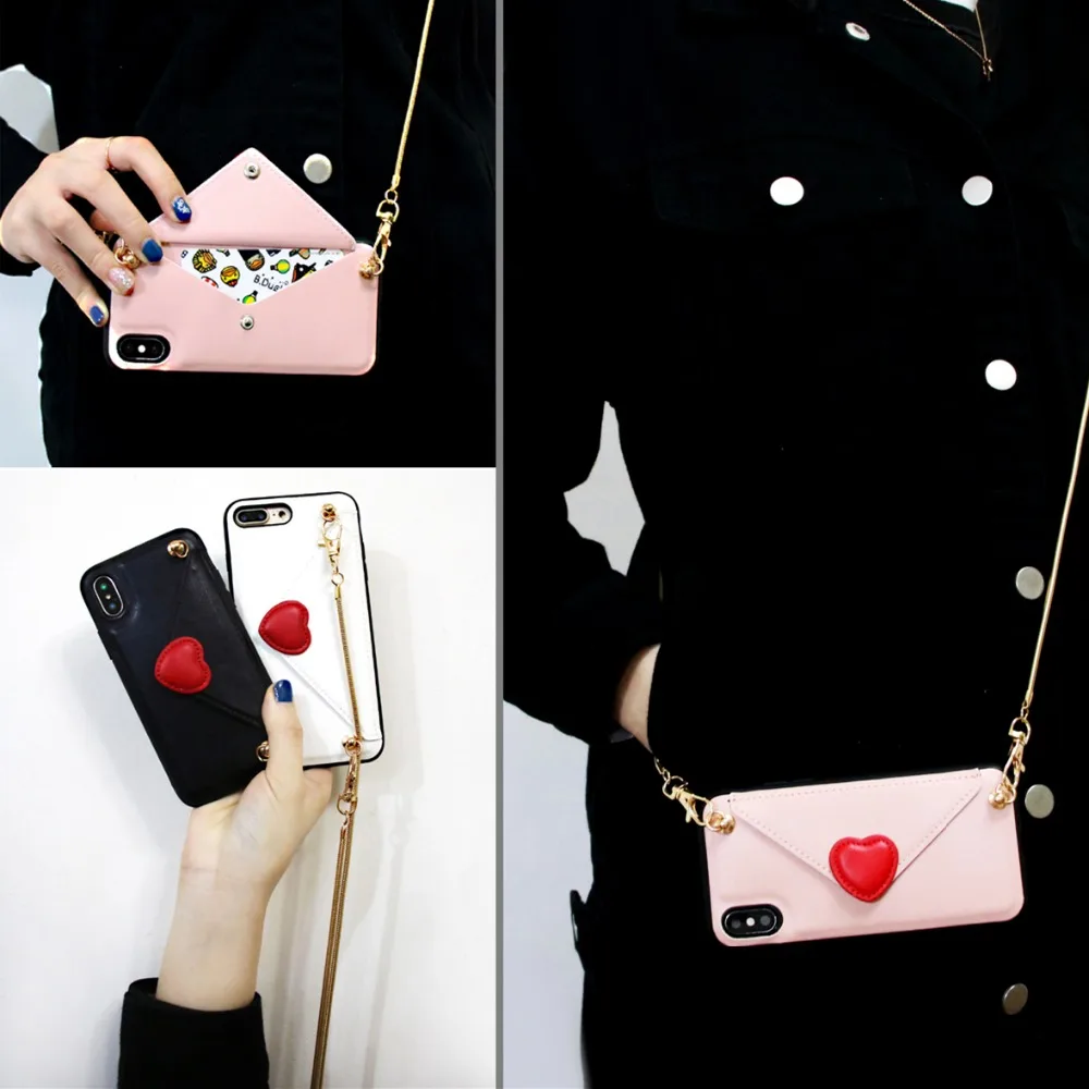 Fashion Red Love Heart Clasp Card Bag Purse Metal Chain Handbag Leather Case Cover For Iphone 11 Pro XS Max XR X 8 7 6 6S Plus
