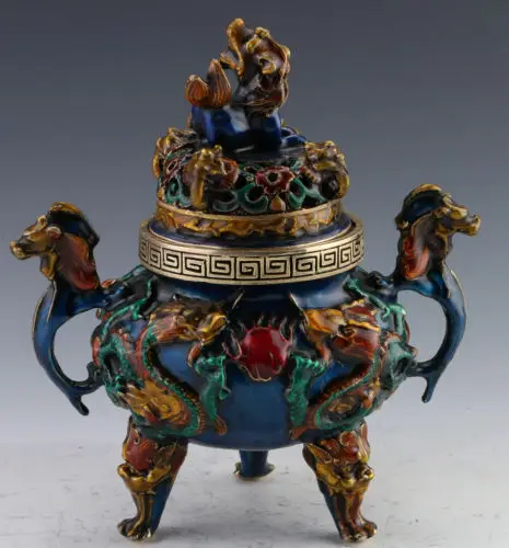 Редкие Cloisonne ручной работы Дракон благовония горелки и Foo крышка собаки w Xuande