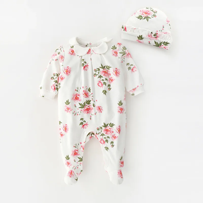 White Baby Bodysuit Одежда для новорожденных девочек с цветочным принтом; комбинезоны с длинными рукавами и шапки; комплекты одежды принцессы для девочек; комбинезоны - Цвет: White Baby Bodysuit