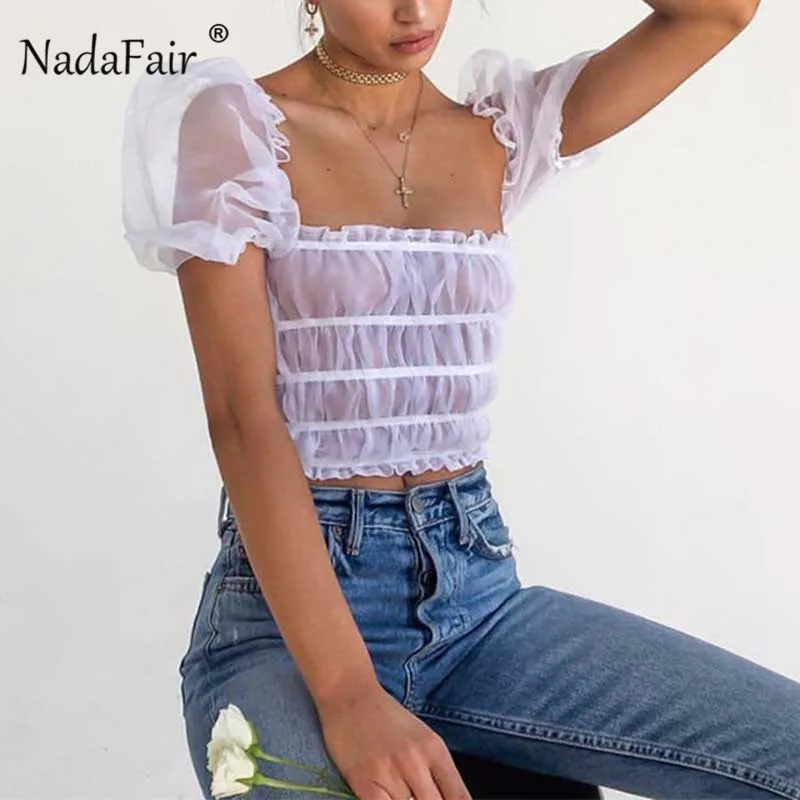 Nadafair черная рубашка с коротким рукавом Ретро стиль пышные рукава белые сетчатые