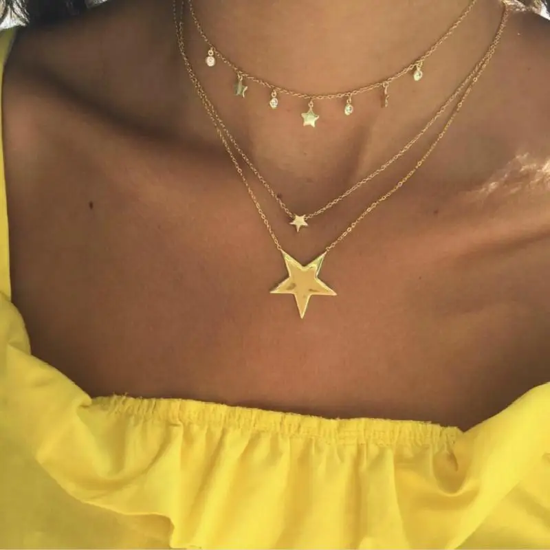 gold Новая мода Цепочки и ожерелья Pentagram Многослойные короткие продажи простой золотой Цепочки и ожерелья ювелирные изделия оптом Для женщин Цепочки и ожерелья - Окраска металла: gold