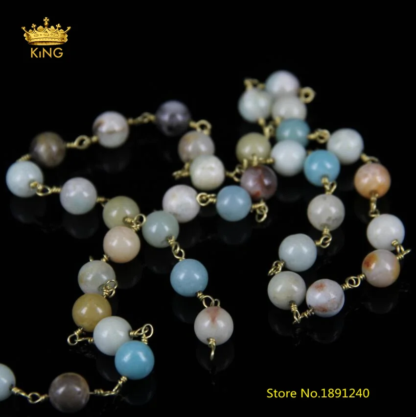 5Meter 8mm Smooth Round Amazonite Beaded Chains Jewelry Rosary Chain Wire Wrapped Stones Plated Brass Copper Necklace ZJ10 | Украшения и