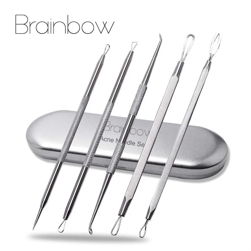 Brainbow 5 шт./упак. акне иглы Наборы Нержавеющая сталь удаления угрей comedone extractor прыщ удаления Инструменты умывания - Цвет: Silver Set