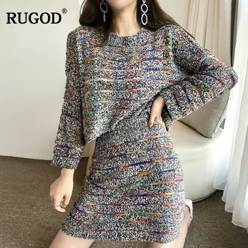 RUGOD 2018 осень зима вязаная юбка костюмы Для женщин Мода красочные свитер + карандаш