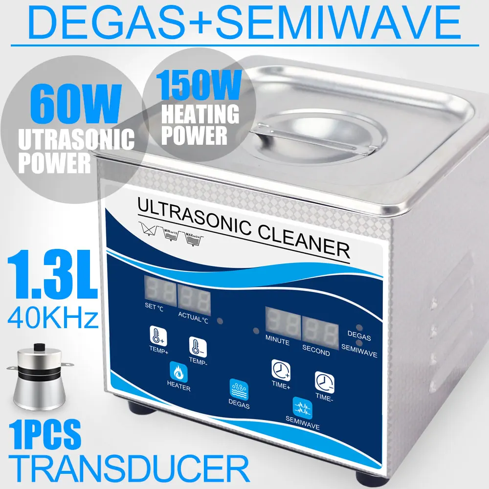 1.3L 60W Ultrasonido очиститель 120 Вт 1.3л нагреватель для ванны дегаз переменная волна ультразвук ювелирные изделия посуда кольцо пуля головка принтера инжектор - Цвет: 1.3L 60W
