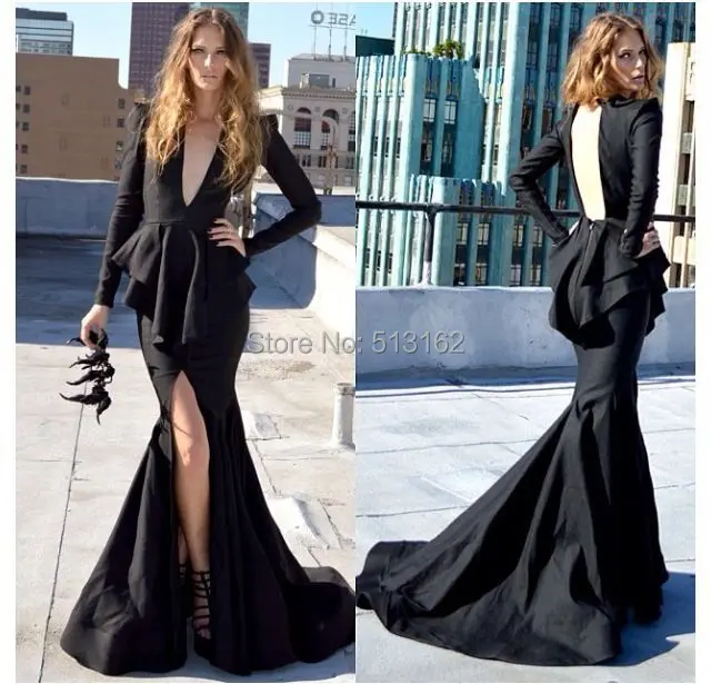 

Top Fashion Michael Deep V Neck High Slit Vestido Longo Black Sexy Evening Gowns New Backless Prom Dresses