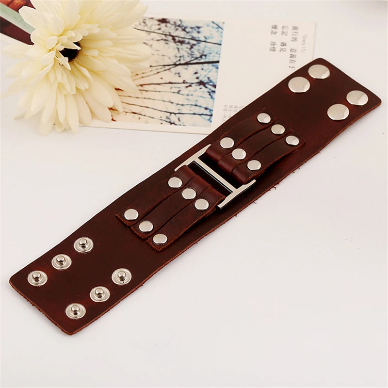 Мужской широкий браслет из натуральной кожи с заклепками|bangle jewelry|punk braceletbracelet men |