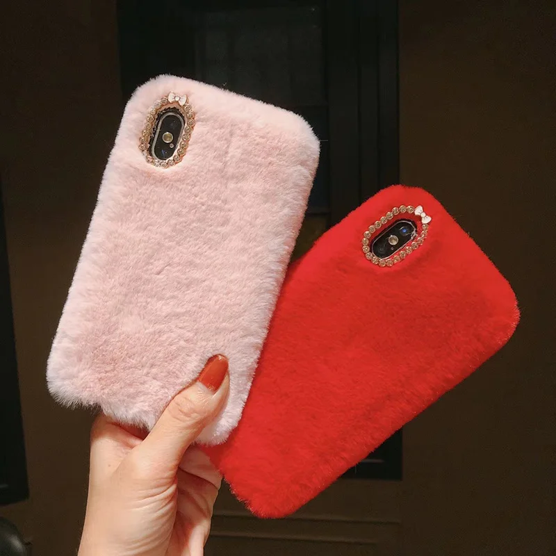Luxury Rabbit Fur Case for iPhone XS Max XR Bling Diamond Soft Furry Plush Girly Cover 8 7 6 6S Plus Winter Warm |