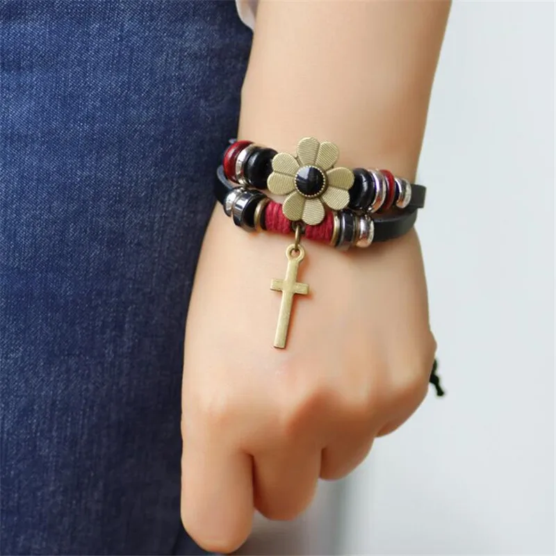 Винтажный Браслет из искусственной кожи с цветами и крестом для женщин мужчин