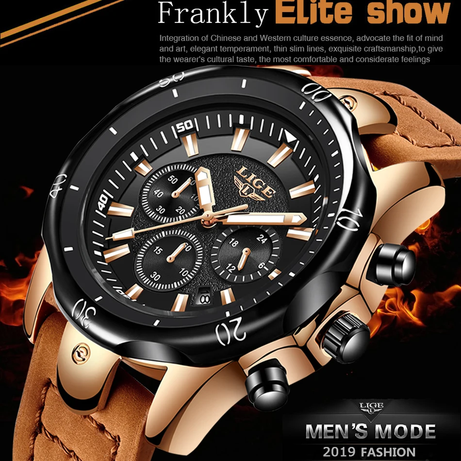 Relojes Hombre новые LIGE кварцевые наручные мужские часы с большим циферблатом золотые черные мужские часы с кожаным ремешком дикие спортивные водонепроницаемые хронограф