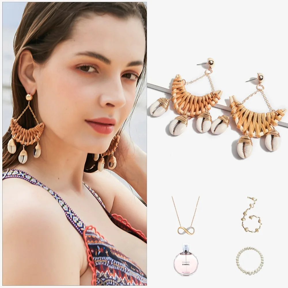 New Summer Beach Ocean Wind Half MoonWoven Rattan Earrings For Women Female Big Circle Bohemian Conch Jewelry | Украшения и