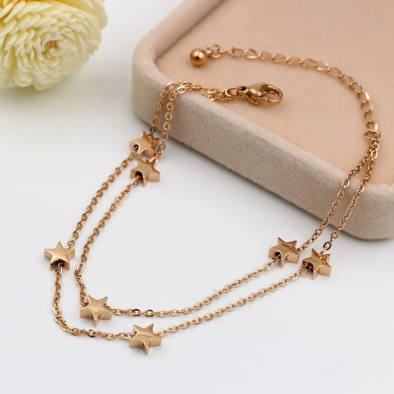 

Браслет из нержавеющей стали, цвет розовое золото, двойной слой, семь звезд