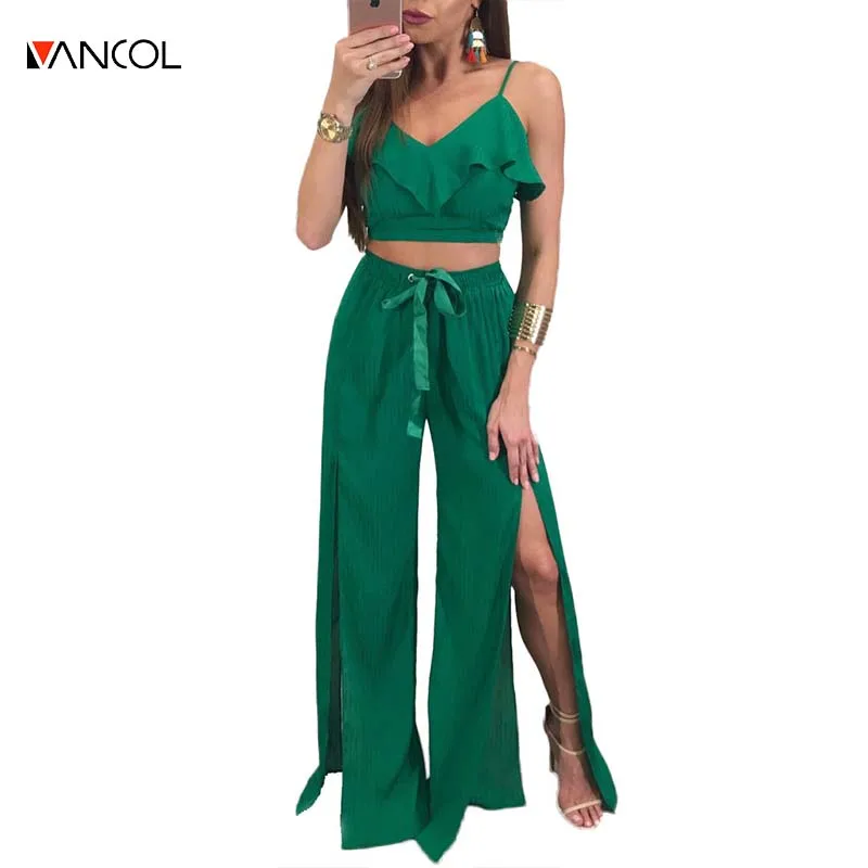 Vancol Лето 2017 г. Винтаж Твердые длинным укороченный топ комплект из двух предметов