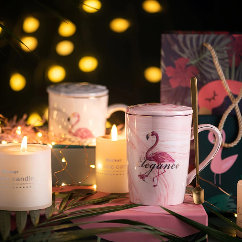 Керамическая кружка позолоченные кружки для молока кофе чая с фламинго ложкой