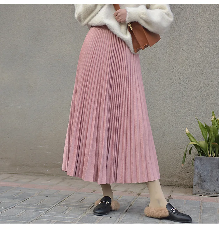 Женские юбки на осень и зиму, длинные, свободные, высокая талия, замша, эластичная лента, плиссированная юбка, Женская одноцветная юбка, 0952