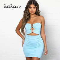 kakan summer new hot womens dress sexy openwork sleeveless backless dress tube top bag hip fold dress