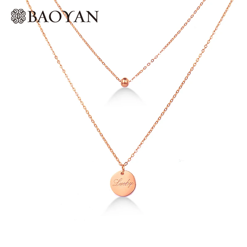 rose gold Ожерелье BAOYAN Lucky Tag, двухслойная подвеска круглая бирка, ожерелье, модное, розовое золото, серебро, золото, нержавеющая сталь, ожерелье для женщин - Окраска металла: rose gold