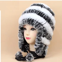 russian fur cap earflap fur cap of real rex rabbit fur black white red brown gray winter knit warm brand hat for womenh654