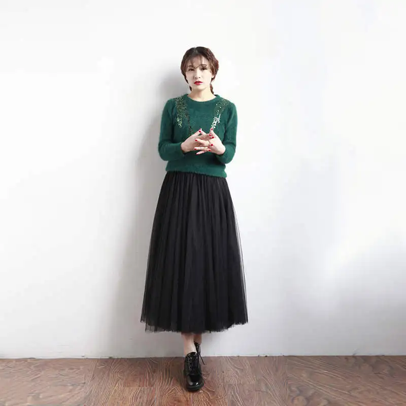 Summer Tulle Long Skirts Women Black Beige Gray White Mesh Pleated Skirt Layers Boal Gown Girl Vacation Beach Skirts
