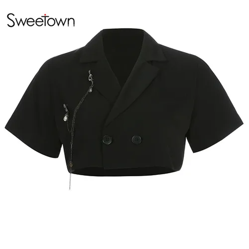 black Sweetown черные короткие куртки и куртки на одной пуговице Женские Короткие рукава отложной воротник с широкой талией летняя куртка осень - Цвет: black