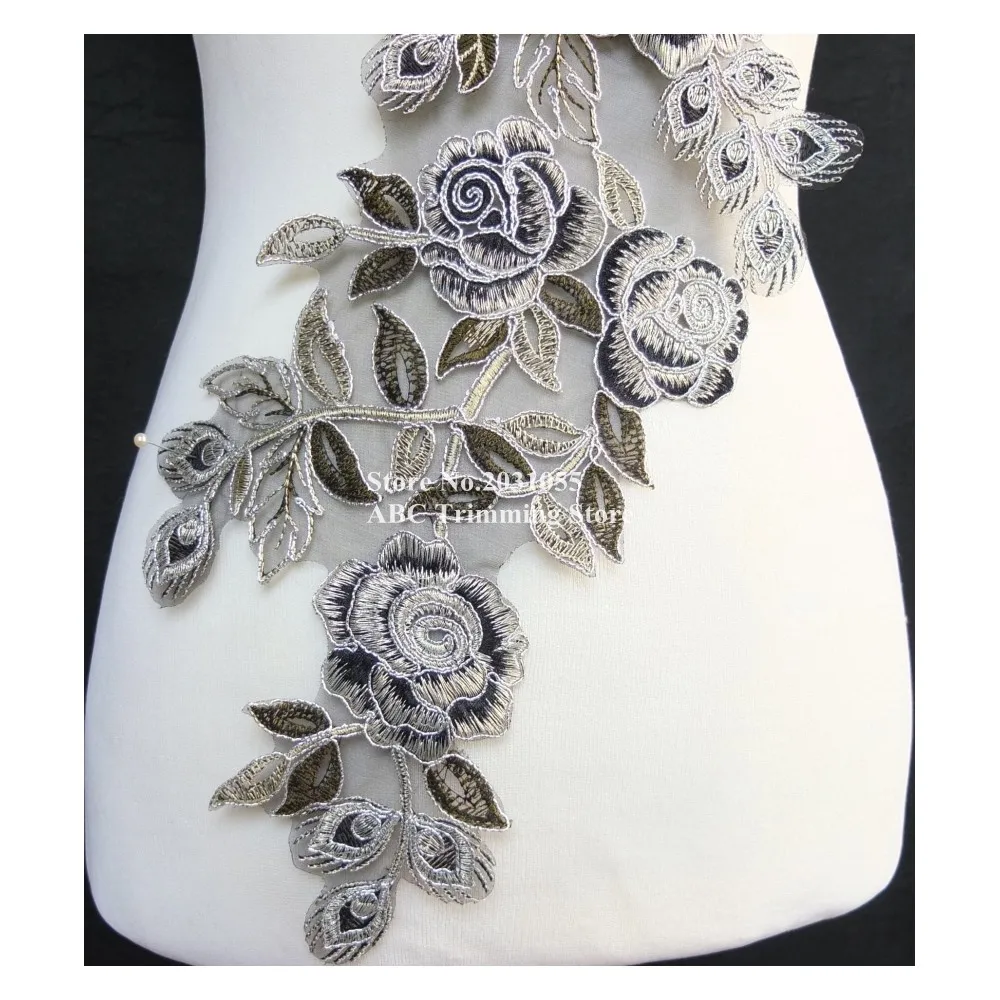 15pcs/lot x Long Silver/Black Rose Flower Embroidery Lace Appliques Collar on Organza Dance Dress Costume Wedding DECOR TBNC117B | Дом и сад