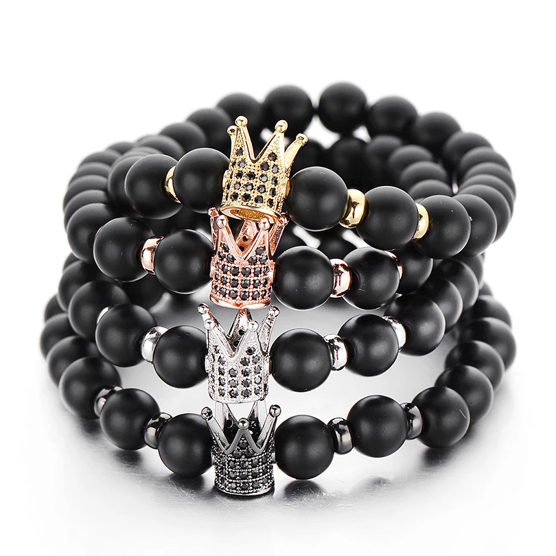 Punk Style Fashion CZ Imperial Crown Strand Bracelets For Men Pulseiras Vintage Women Bangles 8mm Matt Stone Bracelet | Украшения и