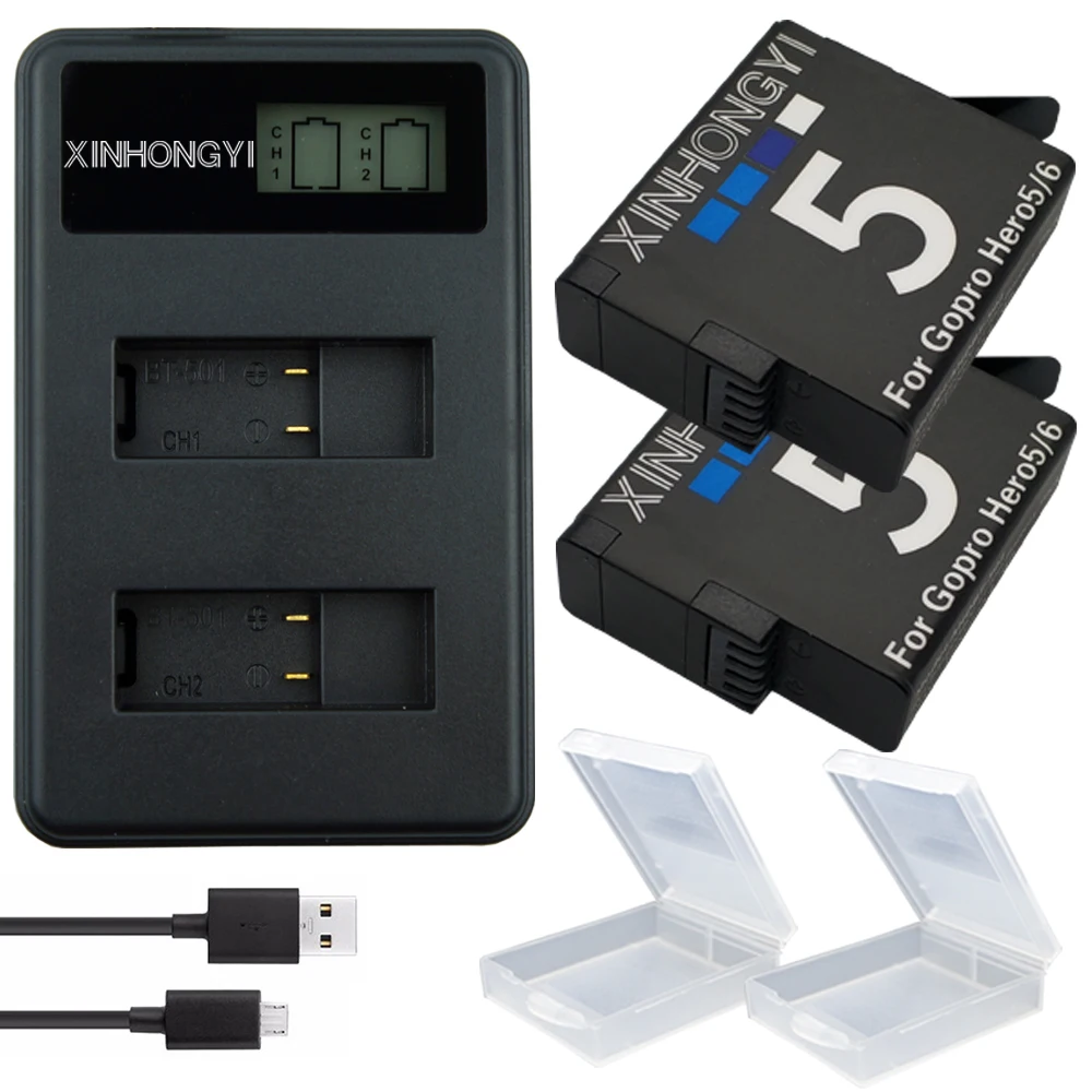 2x Go pro hero 7 батарея AHDBT-501 hero 5 батарея AHDBT 501 bateria+ lcd двойное зарядное устройство USB для экшн-Камеры Gopro hero 5 hero 6 7