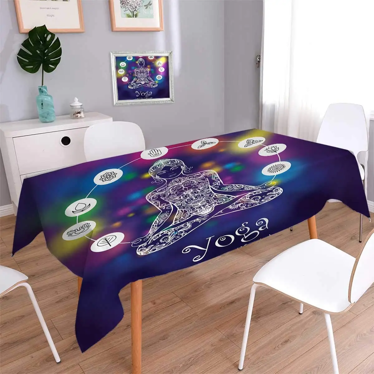 Yoga Square Patterned Meditating Lotus Pose Woman with Seven Chakra Symbols Abstract Mystic Dust-proof Oblong Tablecloth | Дом и сад
