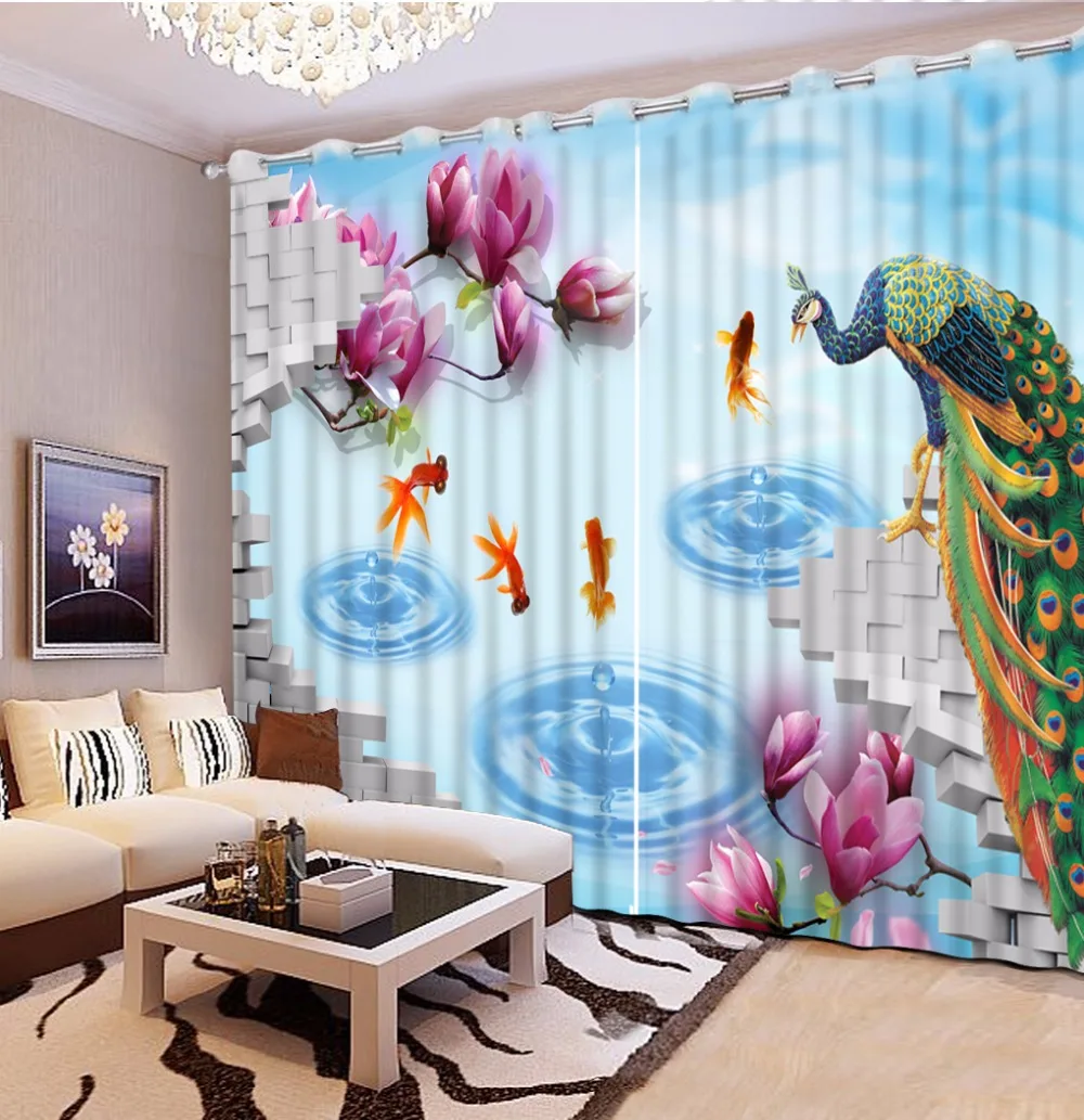 

Kitchen Curtains Modern Lake peacock Blackout 3D Curtains For Window Curtains For Living Room Bedroom