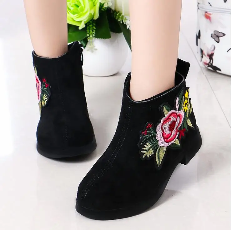 Children's Princess Leather Boots 2019 Autumn Winter New Little Girl Ankle Big Kids Fashion Embroidery Retro Flat | Детская одежда