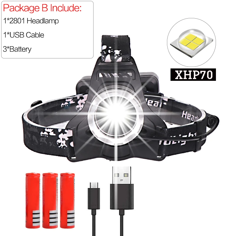 XHP70 светодиодный фонарь 50000LM мощная светодиодная фара USB фонарь с зарядкой водонепроницаемый Головной фонарь 3*18650 батарея для кемпинга работы - Испускаемый цвет: Package B