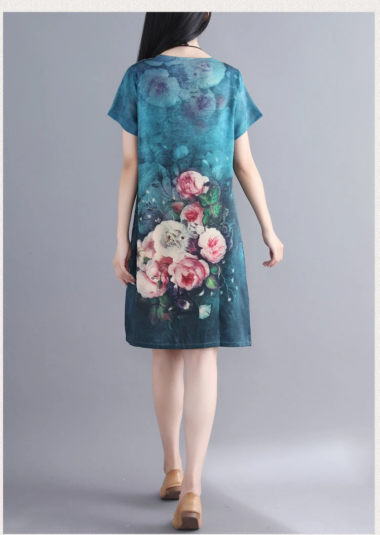 Vintage Big Size Flower print Short Sleeve Silk Dress 2018 Summer Retro Tie Dye O- Neck Plus Tunic Loose Vestidos | Женская одежда