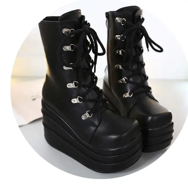 Botas Mujer Plataforma/ г. Зимние женские ботинки белые ботинки на высокой танкетке в стиле панк ботинки на платформе со шнуровкой Размеры 35-43