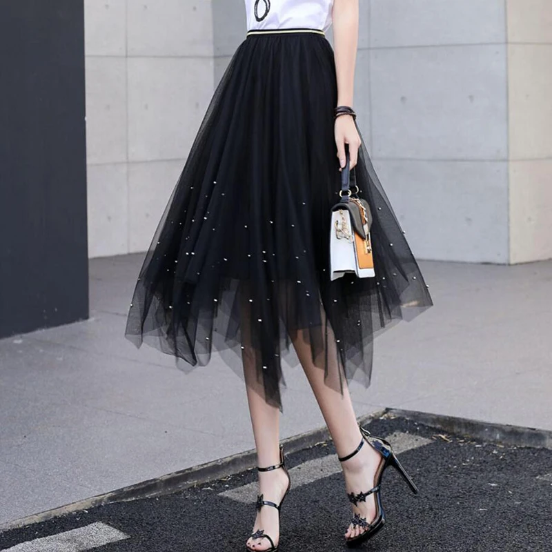 Простая плиссированная юбка с высокой талией для женщин 2018 черная эластичная