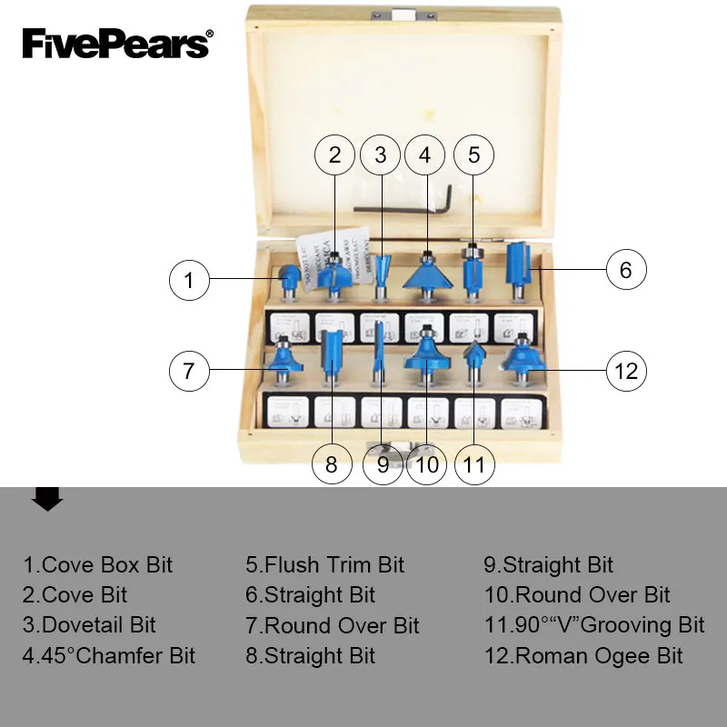 FIVEPEARS 1/4 дюйма 12 шт. набор фрез Профессиональный хвостовик карбида вольфрама