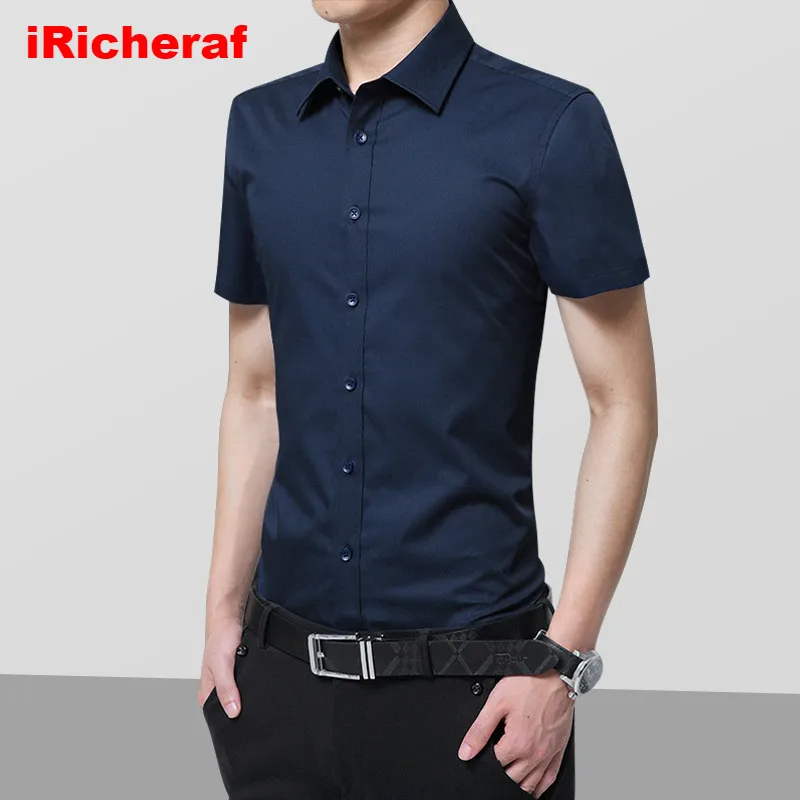 

iRicheraf 2019 Summer Non-Ironing Mens Dress Shirts Short Sleeve Solid Formal Business Men Shirt White Black Plus Size 7XL 8xl