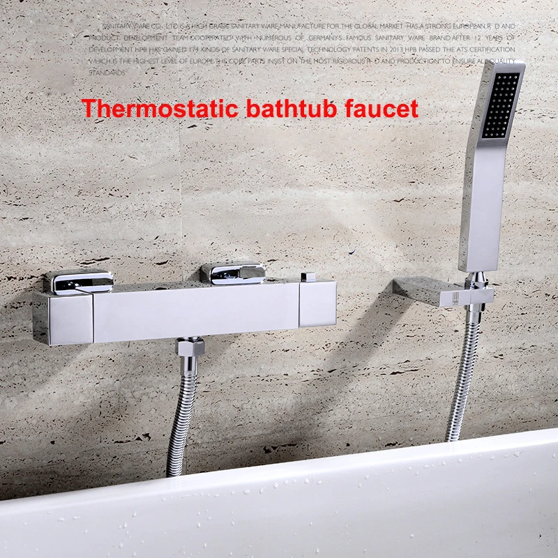 

HOLO MUSEN Quality Brass Chrome Wall Mounted Bathtub Thermostatic Shower Mixer w/ Handheld Shower Bath Shower Faucet Thermostat