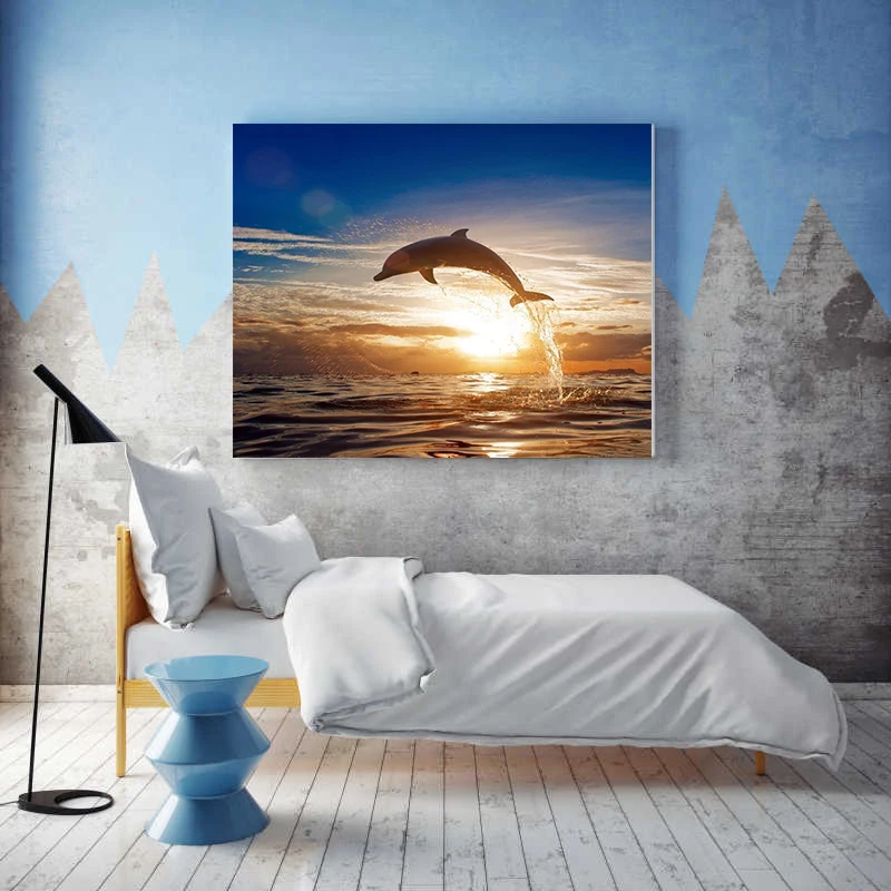 Simple modern sea world leap dolphins corridor porch decorative painting blue big fish mural DIY paint by digital art | Дом и сад