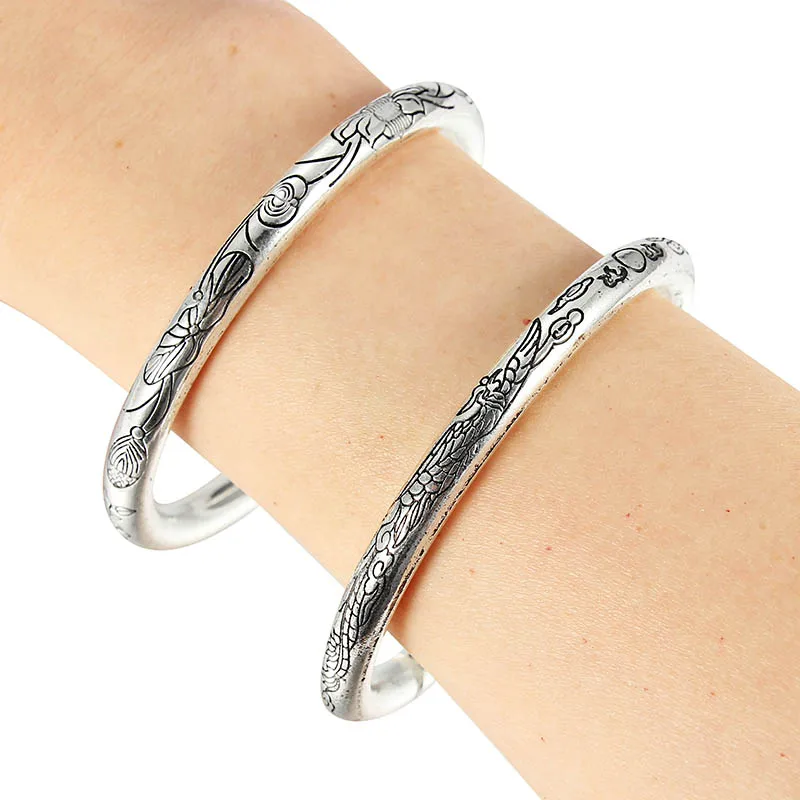 Женский браслет серебряного цвета с рисунком лотоса дракона и феникса 1