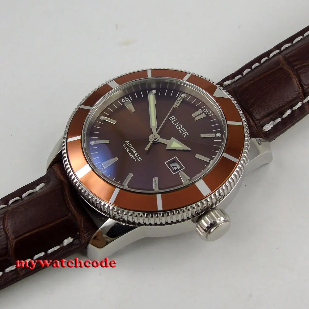 46mm Bliger Brown Dial Luminous Marks Leather Strap Date Window Automatic Mens Wrist Watch P97 | Наручные часы