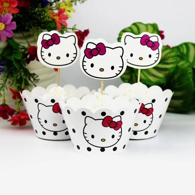 24 шт. белый Рисунок «Hello Kitty» партии Бумага Завертчицы топперы для детей день рождения украшения торта чашки