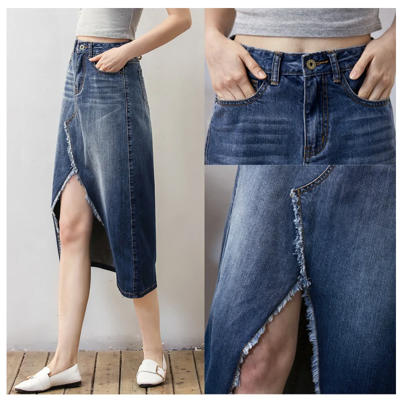 2018 новые летние Стиль Для женщин модные средней длины нерегулярные джинсовая