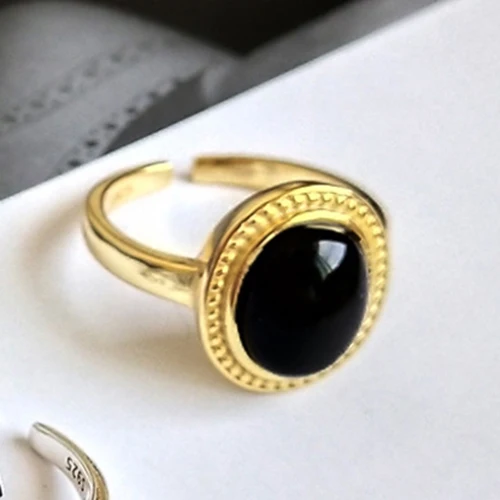 gold ring 925 пробы Серебряное регулируемое винтажное серебряное дизайнерское кольцо с черным агатом ювелирные изделия из камня золотые овальные кабоны кольца с драгоценными камнями - Цвет камня: gold ring
